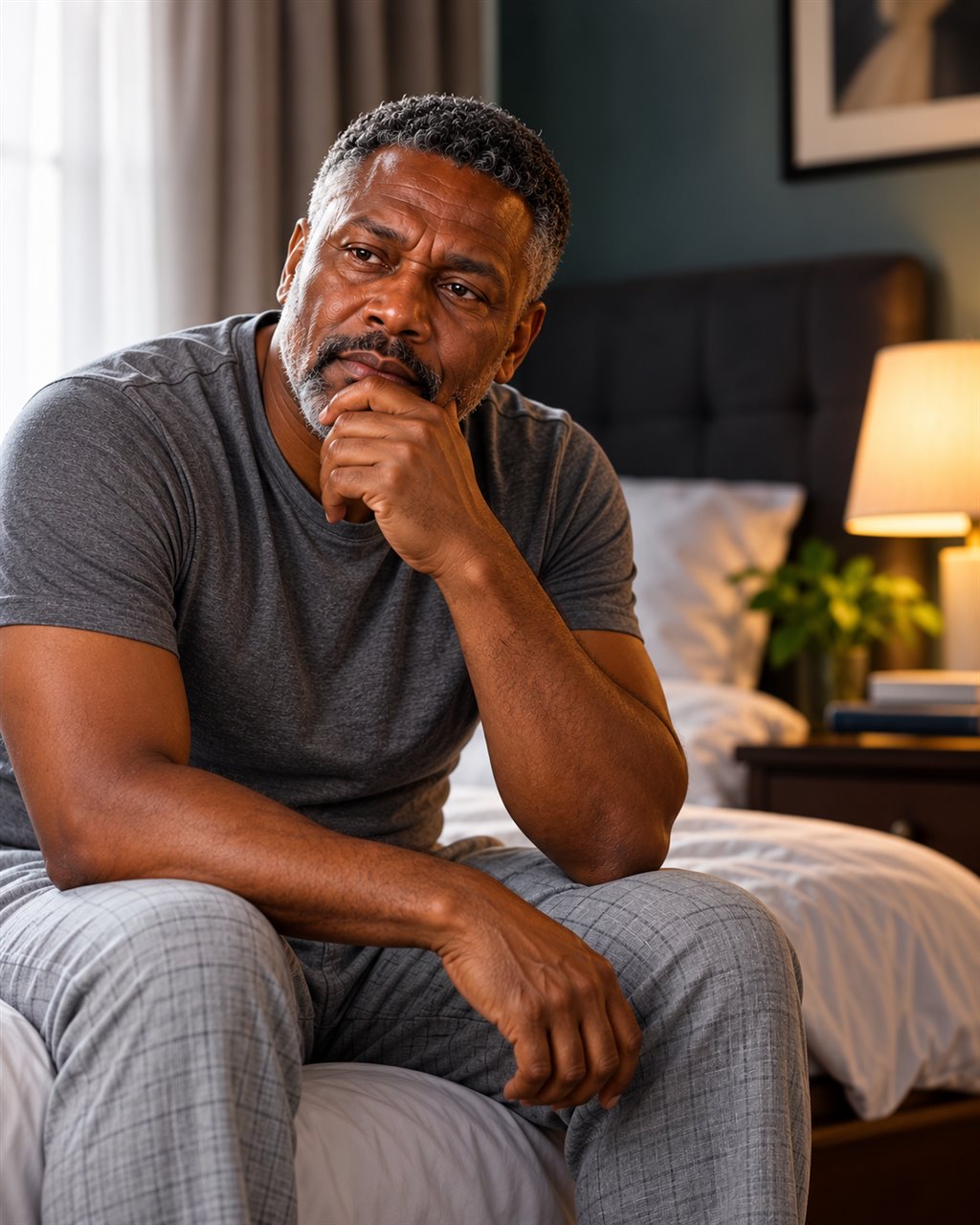Mature man awake at night reflecting on prostate and urinary discomfort